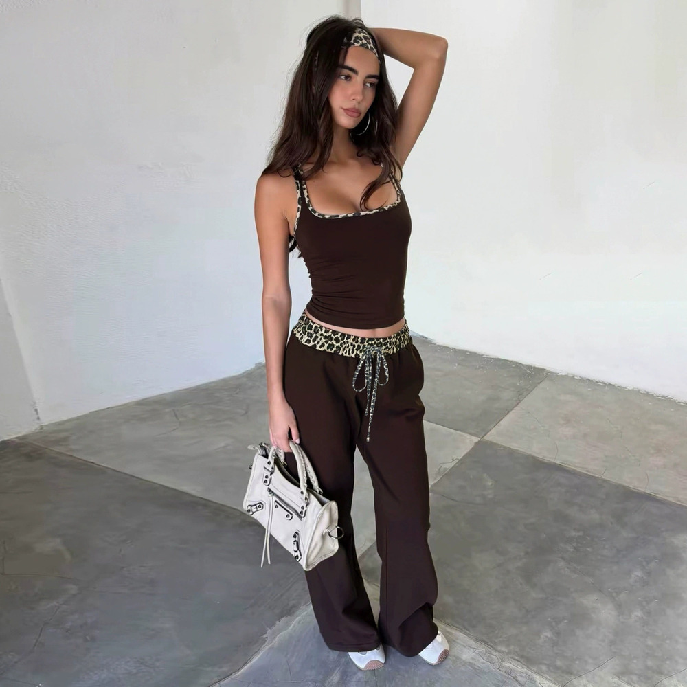 Zara Leopard Print Sleeveless Crop Top High Waist Drawstring Wide Leg Pants Set